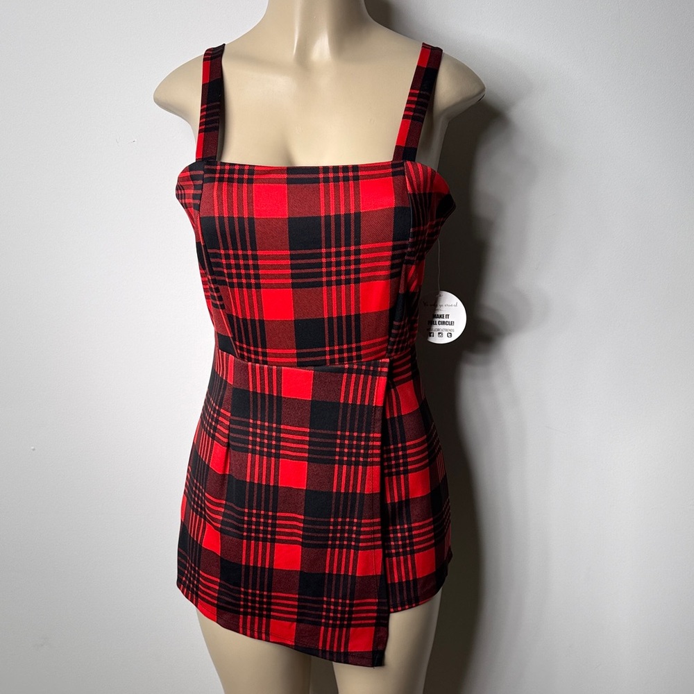 Red Plaid Square-Neck Jumpsuit Romper with Straps